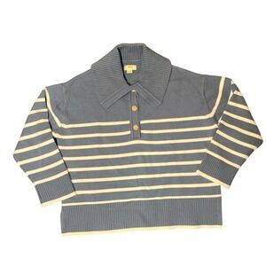 Maeve Anthropologie‎ Striped Knit Sweater Sailor Collar Henley Button Blue Large